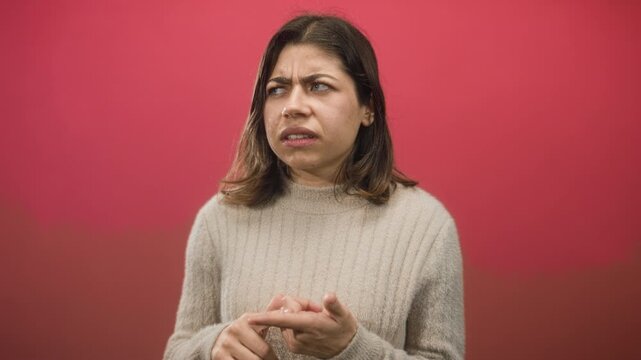 Woman in beige sweater counting fingers and tapping hand, furrowing brow and looking confused against a red studio backdrop; confusion doubt.