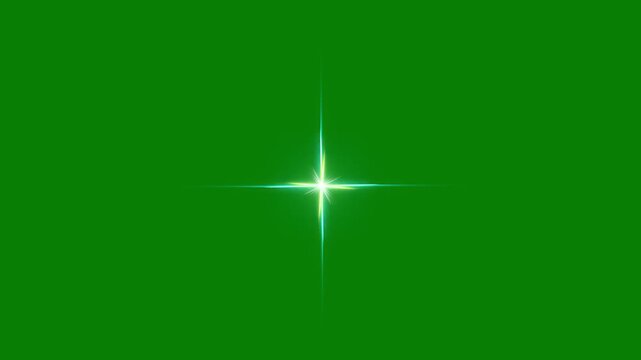 Sparkling single star twinkle animation with colorful light burst on green background, glowing white star blinking effect, magical starlight flare overlay for festive holiday decoration, 4K