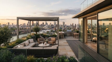Fototapeta premium Scenic rooftop terrace view over a city skyline, featuring comfortable seating and lush greenery