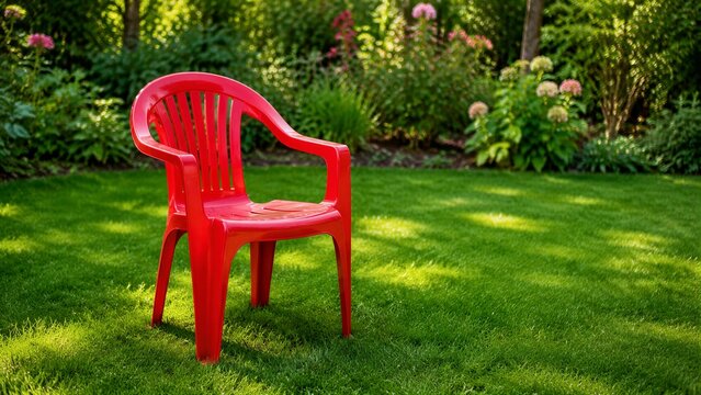 Red plastic chair sitting on green lawn in backyard garden