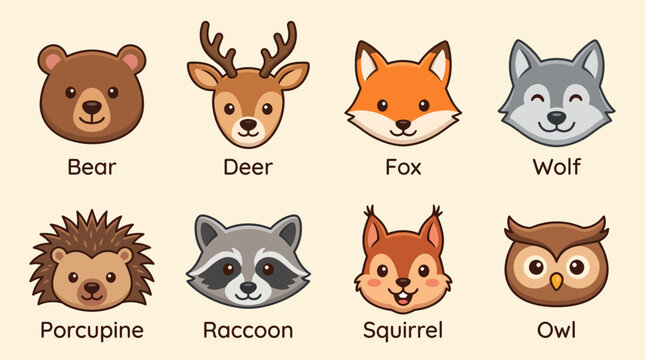 Cute forest animal head vector icons set featuring bear deer fox wolf porcupine raccoon squirrel and wise owl character illustrations