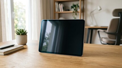 Fototapeta premium Tablet on wooden desk in a modern home office with plants and notebook, soft natural light