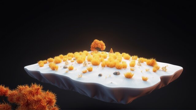 Floating island with vegetation. Rocks visible, warm lighting creates dramatic scene. Minimalist style, dark background enhances contrast.