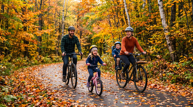 Happy active family with young children riding bicycles on a scenic autumn forest trail covered in golden fallen leaves enjoying a beautiful sunny fall day together outdoors in nature with helmets