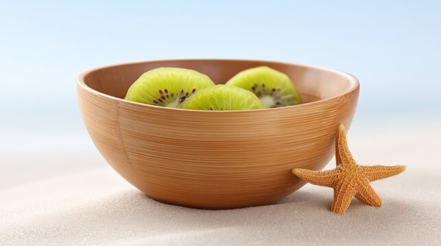 Fresh sliced kiwi in a bamboo bowl on sand with starfish