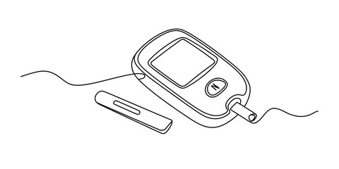 Obraz premium Continuous line drawing of a blood glucose monitor and test strip