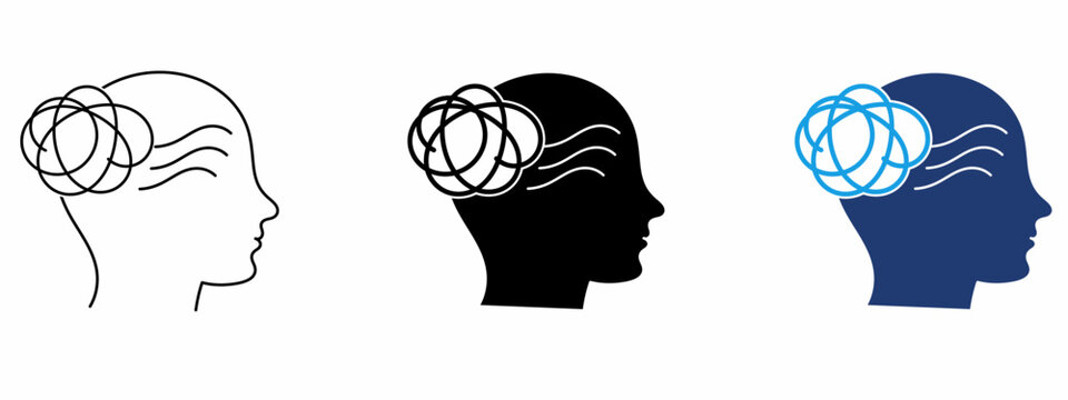 Mental confusion and overthinking icon set. Symbol of stress, brain knot, anxiety, complicated thoughts, psychological disorder, mental health awareness, depression, headache, emotional overload.