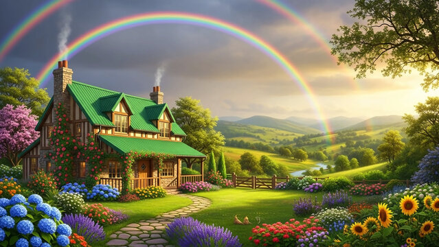 Double rainbow over quaint countryside cottage with blooming spring garden and rolling hills