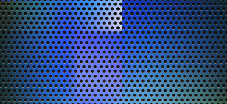 Metal mesh background with perforated plate texture, blue steel grate, holes, industrial grid design, speaker concepts. Mesh modern wallpaper or banner poster cover. Vector illustration.