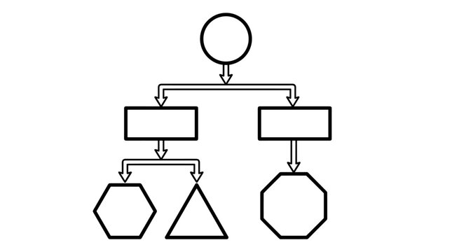 Flowchart diagram with various shapes and arrows, decision tree structure, business process illustration, black and white outline