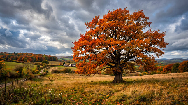 Majestic lonely oak tree with vibrant orange autumn foliage standing in a golden meadow under a dramatic cloudy sky at sunset overlooking scenic rolling hills and a peaceful rural countryside farm