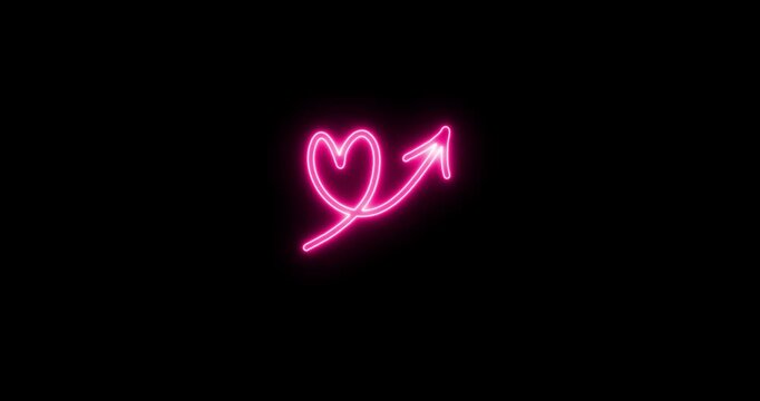 Neon pink heart with arrow animating on black background motion graphics