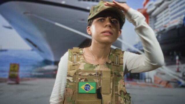 Woman in military uniform with brazil flag patch shades eyes with hand on cap at dock building; pride duty.