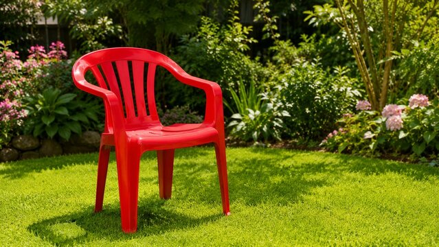 Red plastic chair placed on green lawn in garden