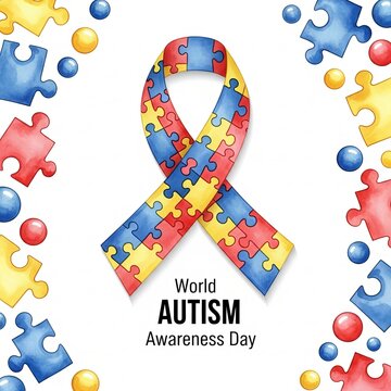 World autism awareness day watercolor puzzle ribbon concept design