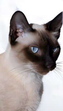 close-up portrait of a regal Siamese cat with deep piercing blue eyes and dark seal-point markings. High-key studio lighting against a seamless, solid white background