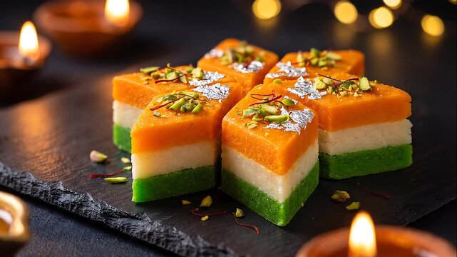 Cinematic macro video of traditional Tiranga Barfi sweet with flickering diya lamps for India Independence Day