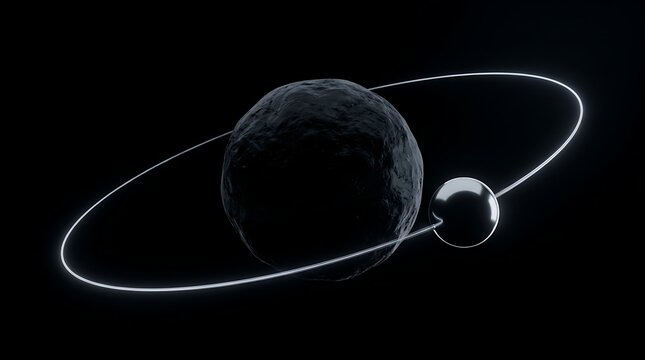 Abstract 3D rendering of a dark textured planet with a metallic moon orbiting along a glowing path in deep space