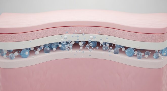 Microscopic view of human skin layers with moisturizing essence absorption