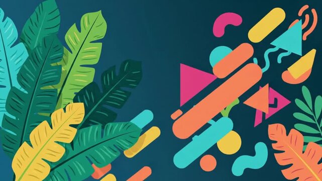 Tropical leaves frame vibrant geometric shapes moving across a deep blue background in this smooth and rhythmic motion graphics video