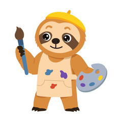 Naklejka premium Creative sloth painter wearing an apron and yellow cap, holding a paintbrush and palette to show artistic activity, color work, creativity, visual expression.
