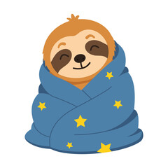 Naklejka premium Cozy sloth character wrapped snugly in a blue blanket with yellow stars, smiling with closed eyes to convey warmth, comfort, rest, bedtime relaxation.