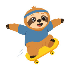 Naklejka premium Energetic sloth character riding a yellow skateboard in a blue outfit and headband, extending both arms for balance while showing sporty motion and outdoor fun.