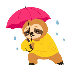 Naklejka premium Sloth character standing under a bright pink umbrella in rainy weather, wearing a yellow raincoat while holding the handle and watching falling raindrops.