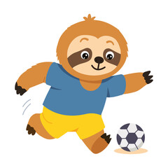 Naklejka premium Active sloth character wearing a blue top and yellow shorts while kicking a soccer ball, showing a cheerful sports pose filled with motion and energy.