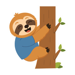 Naklejka premium Playful sloth character climbing a tree trunk with both arms wrapped around the bark, smiling while green leaves appear along the simple outdoor scene.