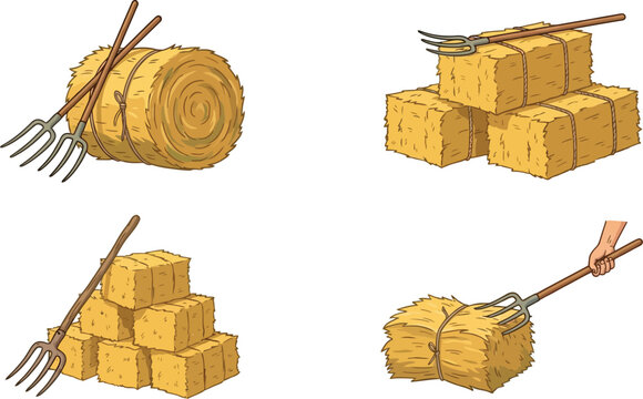 Rustic hay bales and pitchfork vector set, farm harvest straw bundles, agricultural haystacks for ranch and livestock feed illustrations