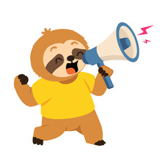 Naklejka premium Energetic sloth character holding a megaphone near its mouth while raising one arm, clearly making a loud announcement or enthusiastic public call.