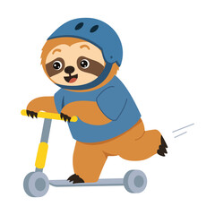 Naklejka premium Active sloth character wearing a blue helmet while riding a yellow kick scooter, pushing forward with one leg in a cheerful outdoor transportation scene.