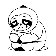 Naklejka premium Sad sloth character sitting on the ground in a blue top, with a lowered head and downcast expression that clearly communicates disappointment and low mood.