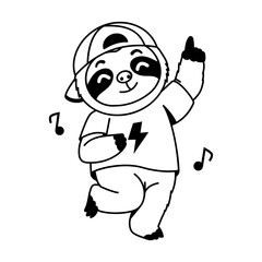 Naklejka premium Playful sloth character dancing in a purple cap and shirt, raising one arm while musical notes surround the pose to show rhythm, energy, cheerful movement.