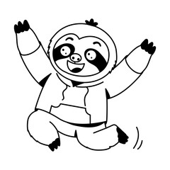 Naklejka premium Energetic sloth character jumping with both arms raised, wearing a blue hoodie and showing a wide smile that captures excitement, movement, playful action.