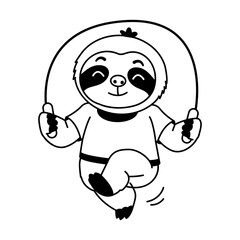 Naklejka premium Happy sloth character skipping rope in a yellow outfit, lifting one foot while holding both handles to show exercise, movement, energy, playful fitness.