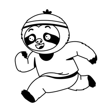Active sloth character running forward in a purple athletic outfit and headband, with lifted legs and swinging arms that clearly show speed and lively motion.