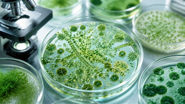 Microscope examining green algae colonies in petri dish