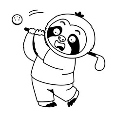 Naklejka premium Active sloth character wearing a yellow shirt and blue shorts while swinging a golf club toward a ball in a lively outdoor sports activity pose.