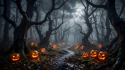 Naklejka premium Spooky Halloween forest at night with glowing pumpkins along a dark path under a full moon in a misty wood with twisted dead trees and eerie atmosphere for seasonal holiday background scene