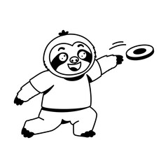 Naklejka premium Energetic sloth character running while throwing a purple flying disc with one hand, creating a playful outdoor sports scene filled with movement and fun.