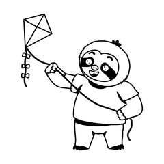 Naklejka premium Playful sloth character holding a string while flying a colorful diamond-shaped kite, looking upward during a cheerful outdoor recreational activity.