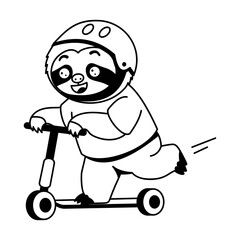 Naklejka premium Active sloth character wearing a blue helmet while riding a yellow kick scooter, pushing forward with one leg in a cheerful outdoor transportation scene.