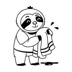 Naklejka premium Cheerful sloth character holding a bright yellow towel with pink stripes, standing beside a small puddle in a simple drying or bathing activity scene.