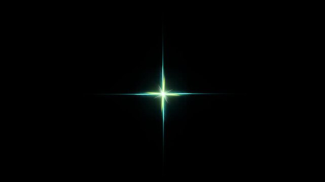 Sparkling single star twinkle animation with colorful light burst on black background, glowing white star blinking effect, magical starlight flare overlay for festive holiday decoration, 4K