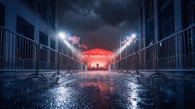 Election campaign stage illuminated under heavy rain at night with security barriers and flags