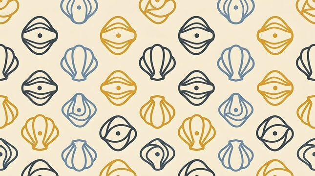 Seamless pattern with alternating stylized seashell and eye shaped motifs in dark grey, gold, and blue on a light cream background