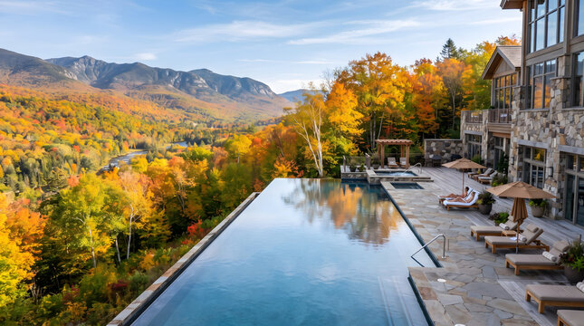 Luxury infinity pool at a mountain resort during peak autumn foliage season with vibrant orange and yellow trees overlooking a scenic valley under a clear blue sky with stone architecture