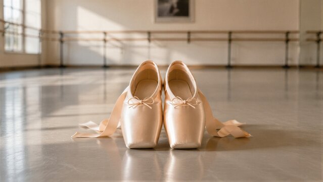 Ballet pointe shoes resting on polished studio floor with barre